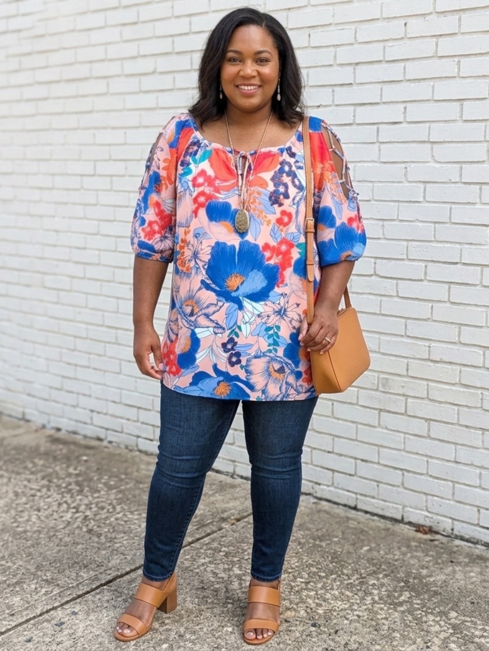 Bellina Floral Tie Sleeve Cold Shoulder Blouse Oversized Boho Tunic Top